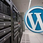 Close-up of server rack with a WordPress logo.