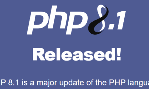 Splash screen announcing PHP 8.1 release.